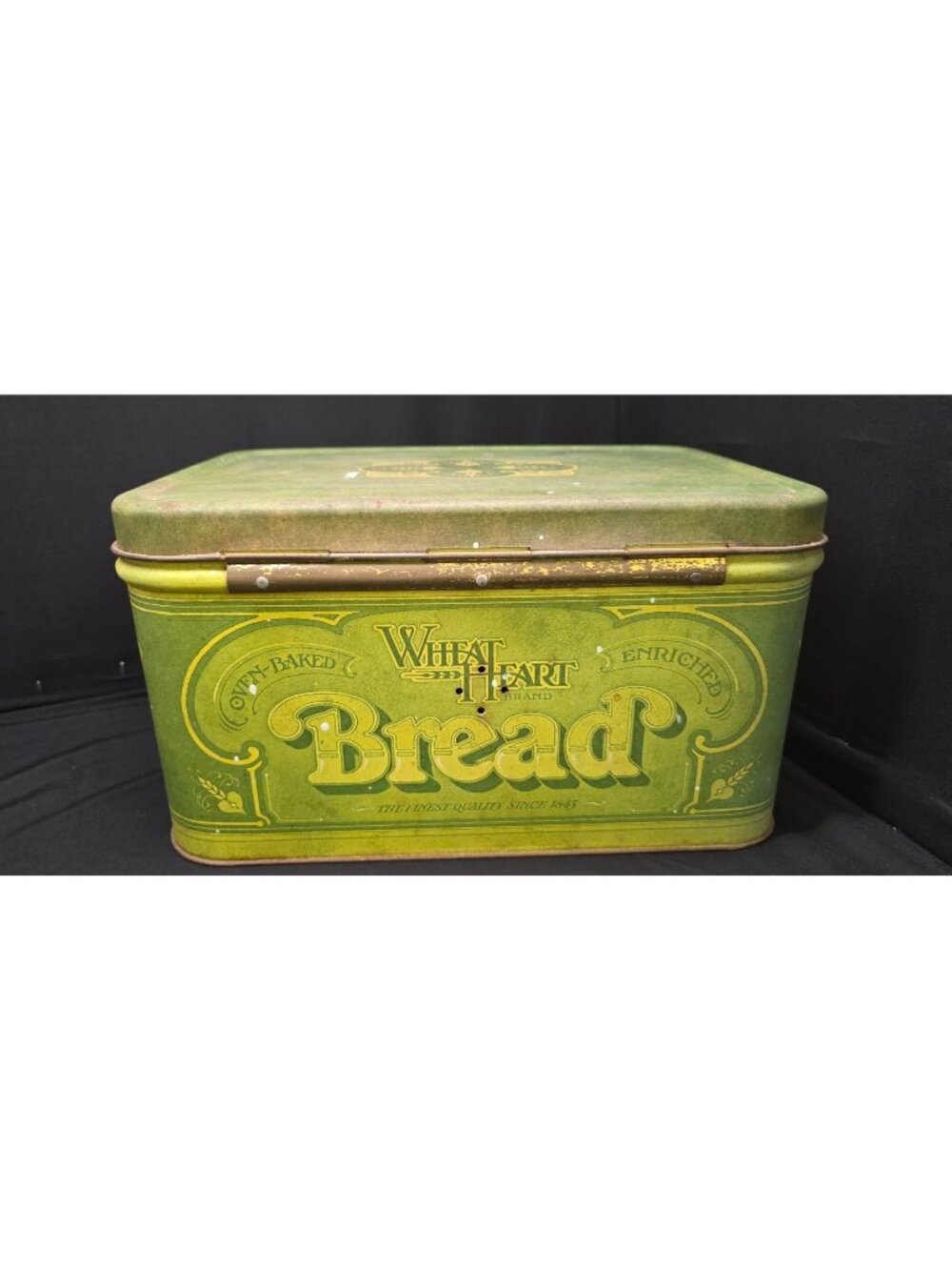 Vintage 1970s Retro Green Tin Wheat Brand Bread Box Hinged Lid Collectible